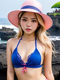 Korean woman sweaty and surprised poses at Tanah Lot in Bali wearing a blue halter top