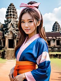 A petite brunette woman wears a blue Kimono orange bikini at Angkor Wat temples