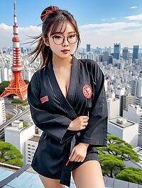 A petite Chinese geisha in black karate robes seduces with her curves Tokyo night