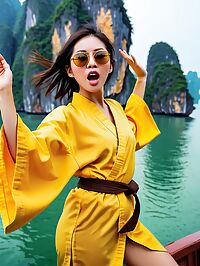 Asian woman with a bobbed hairdo stands in Ha Long Bay wearing karate robes