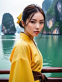 Asian woman with a bobbed hairdo stands in Ha Long Bay wearing karate robes