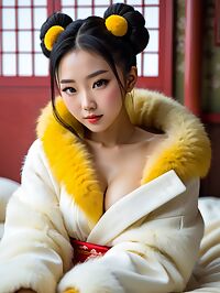 A young Mongolian woman 20 years old stands out in her bright yellow fur coat