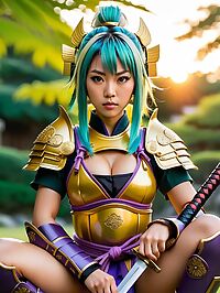 A tanned Asian woman 29 in yellow armor sword in hand poses sensually under sunset in park