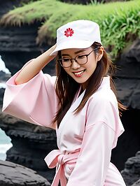 A petite woman in pink karate robes at sunset near Tanah Lot Temple