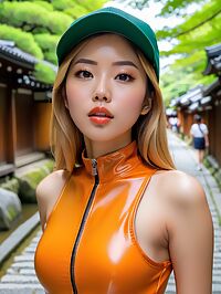 The beautiful adult Asian woman in orange catsuit seduces man on Philosopher's Walk
