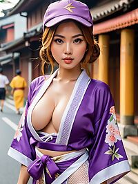 A petite fair skinned Nepalese girl in a purple kimono and fishnets poses sexily