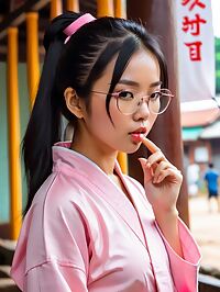 A petite pale skinned Cambodian girl in pink karate robes on the streets of Kuala Lumpur