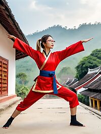 A 18 year old Mongolian girl in a red ninja costume in Luang Prabang Laos