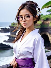 Beautiful Indonesian girl in a Kimono poses at Tanah Lot temple Bali