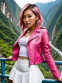 Mongolian girl in pink leather jacket white microskirt stands at Taroko National Park's waterfalls