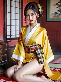 A petite brunette wears traditional Japanese Kimono in rural Arkhangai Mongolia's scenery