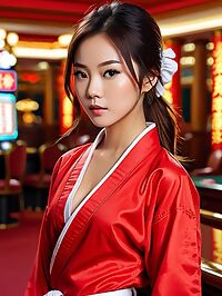 A young Vietnamese woman in red karate robes stands smiling at the casino bar
