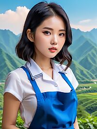 The 21 year old Thai girl in blue apron stands out against the Baekdu Mountains rugged backdrop
