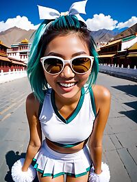 A Cambodian girl with teal hair and a white cheerleader uniform in Lhasa's streets