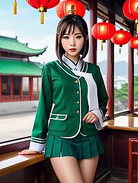 The innocent girl in the green school uniform sits alone at a table