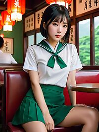 The innocent girl in the green school uniform sits alone at a table