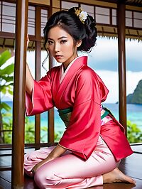 A Nepalese woman stands out in Palawan's pristine landscape wearing red kimono