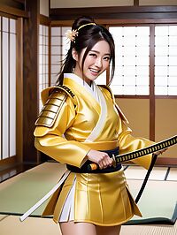 A pale sweaty woman in yellow armor wields sword on Japanese TV