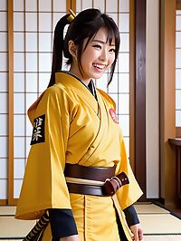 A pale sweaty woman in yellow armor wields sword on Japanese TV