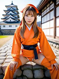 Mongolian girl stands out in her orange ninja costume amidst ancient Himeji Castle