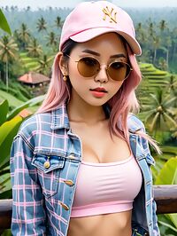 An Asian girl with ombre hair in a pixie cut poses playfully outdoors