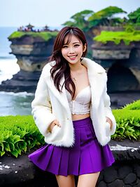 Japanese girl is wearing a white fur coat and purple skirt at Tanah Lot in Bali