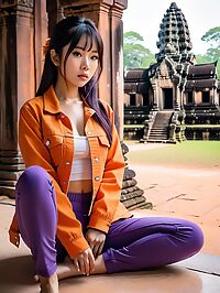 Japanese woman stands stunned in the ruins of Angkor's ancient temple complex